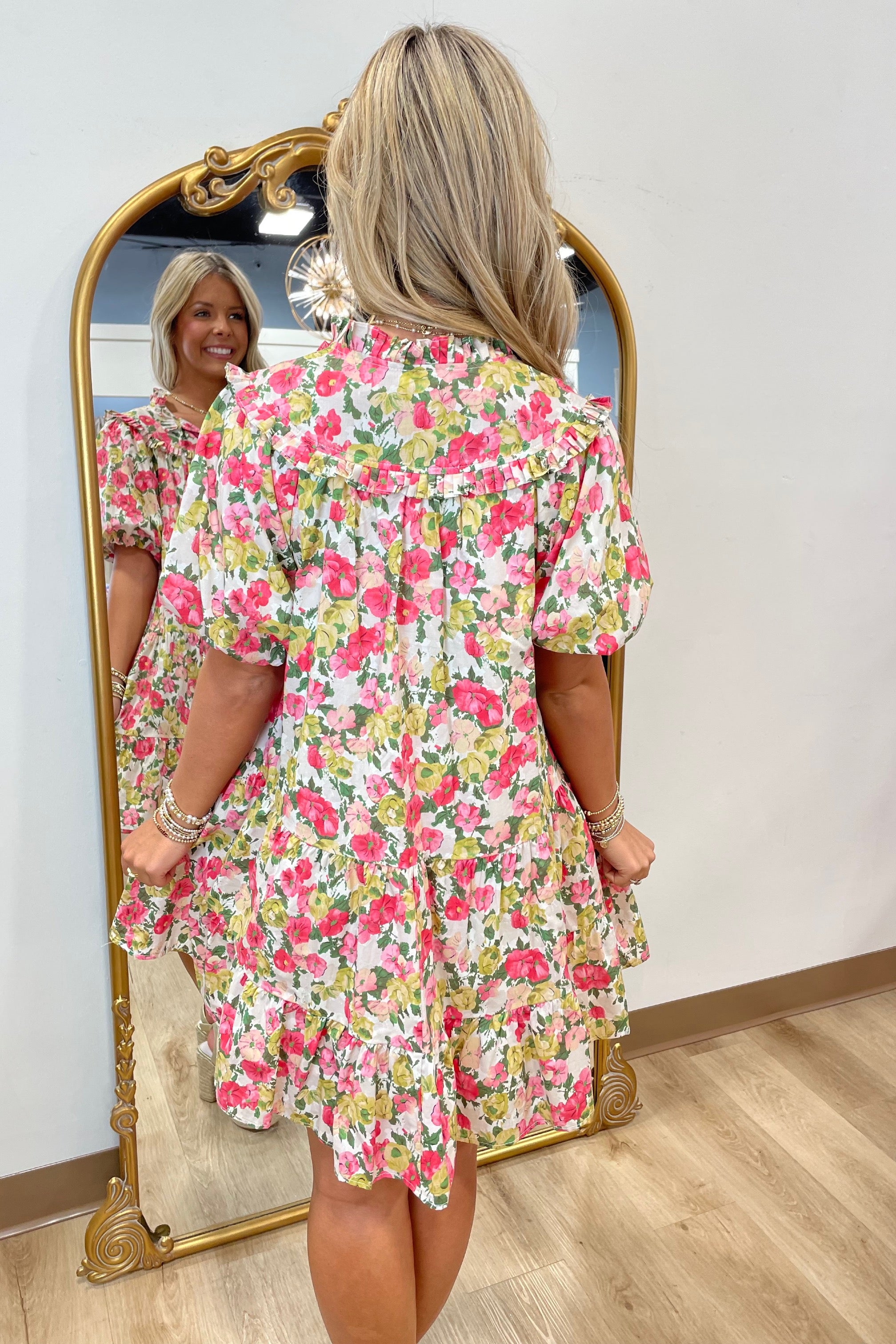 Floral Dream Puff Sleeve Dress Pink-Green