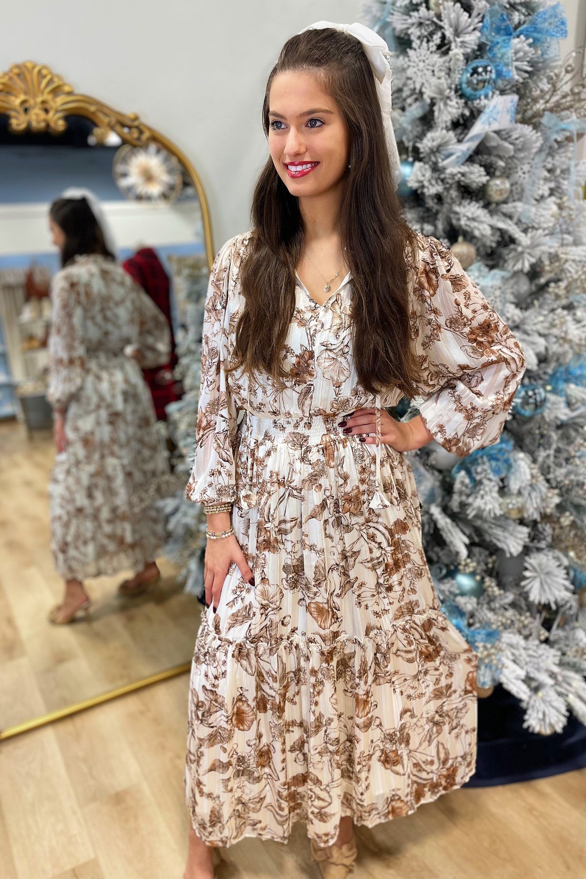 Umgee Elastic Waist Floral Dress Ivory