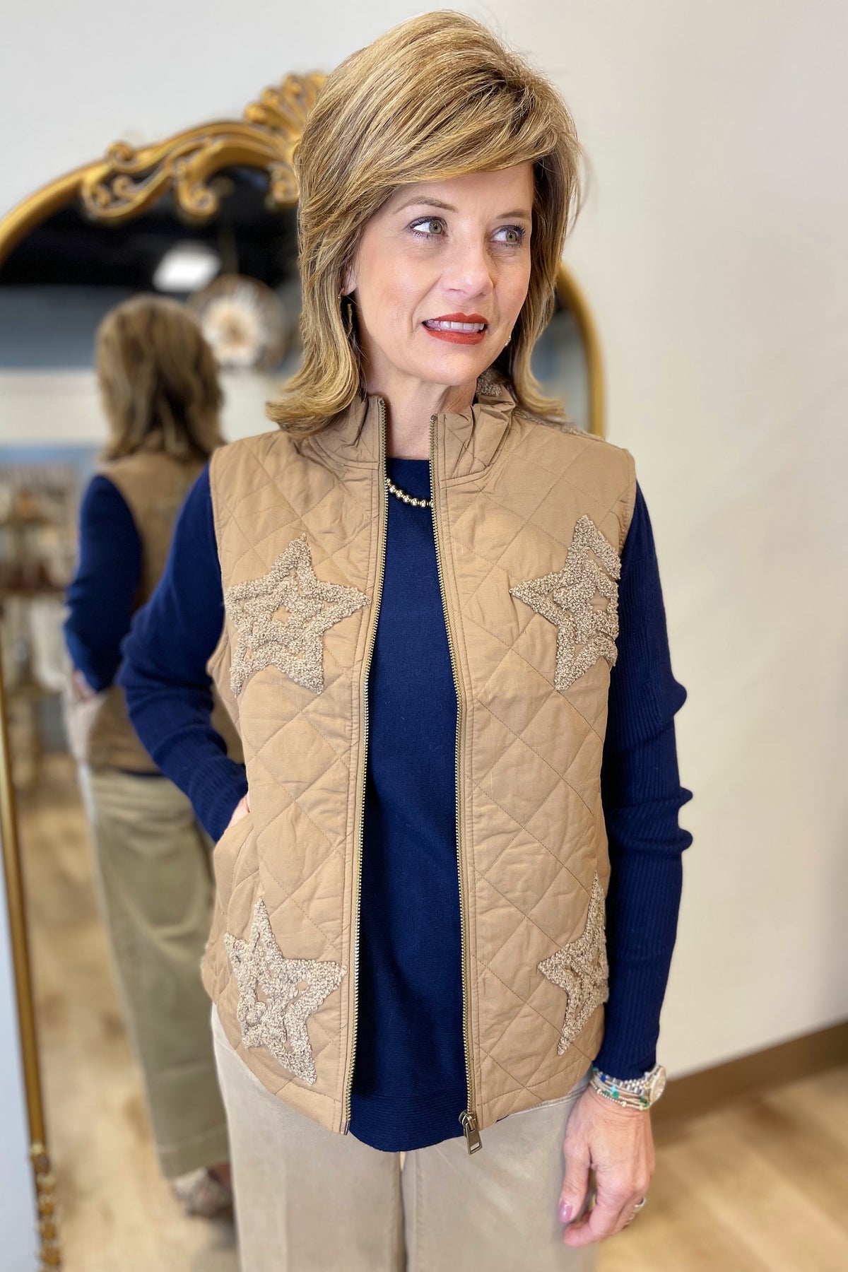 Charlie B Quilted Vest Khaki