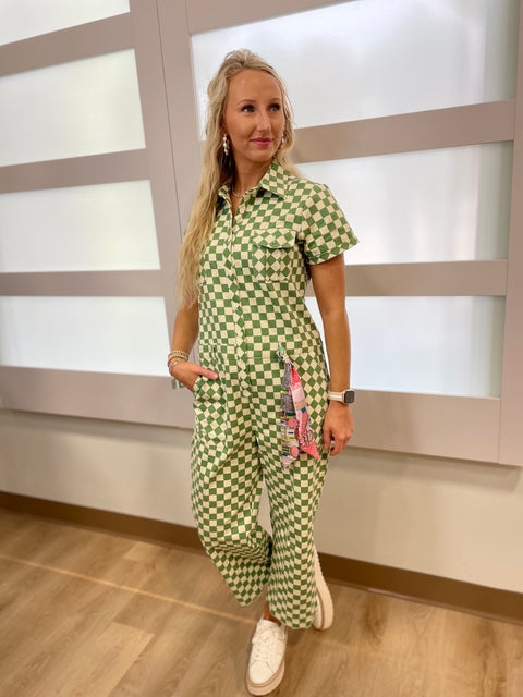 Green Checked Button Front Jumpsuit
