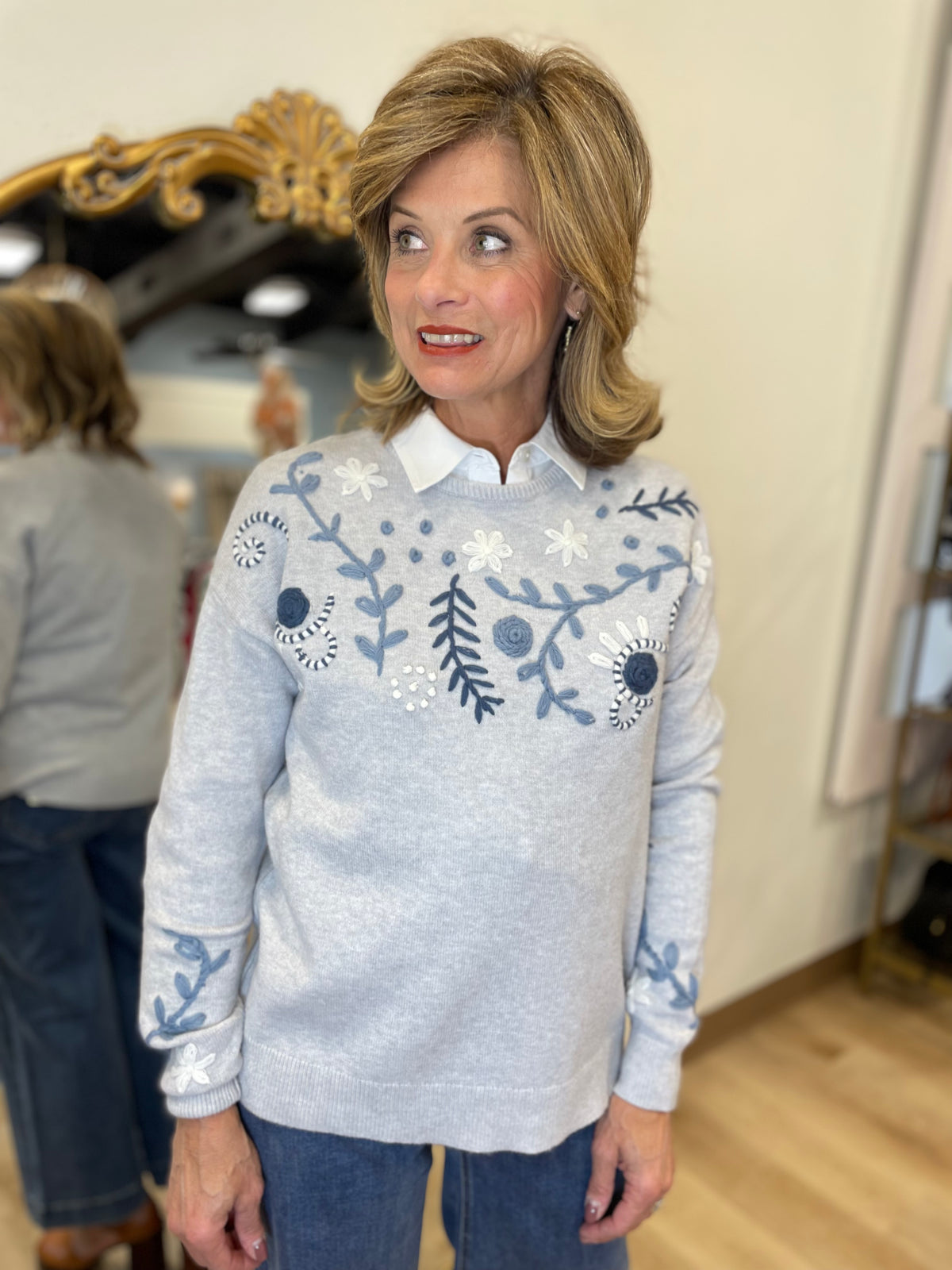 Charlie B Hand Embroidered Sweater Heather Grey