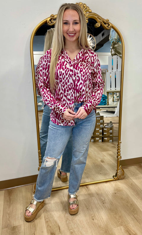 Umgee Fuchsia Mix Long Sleeve Blouse
