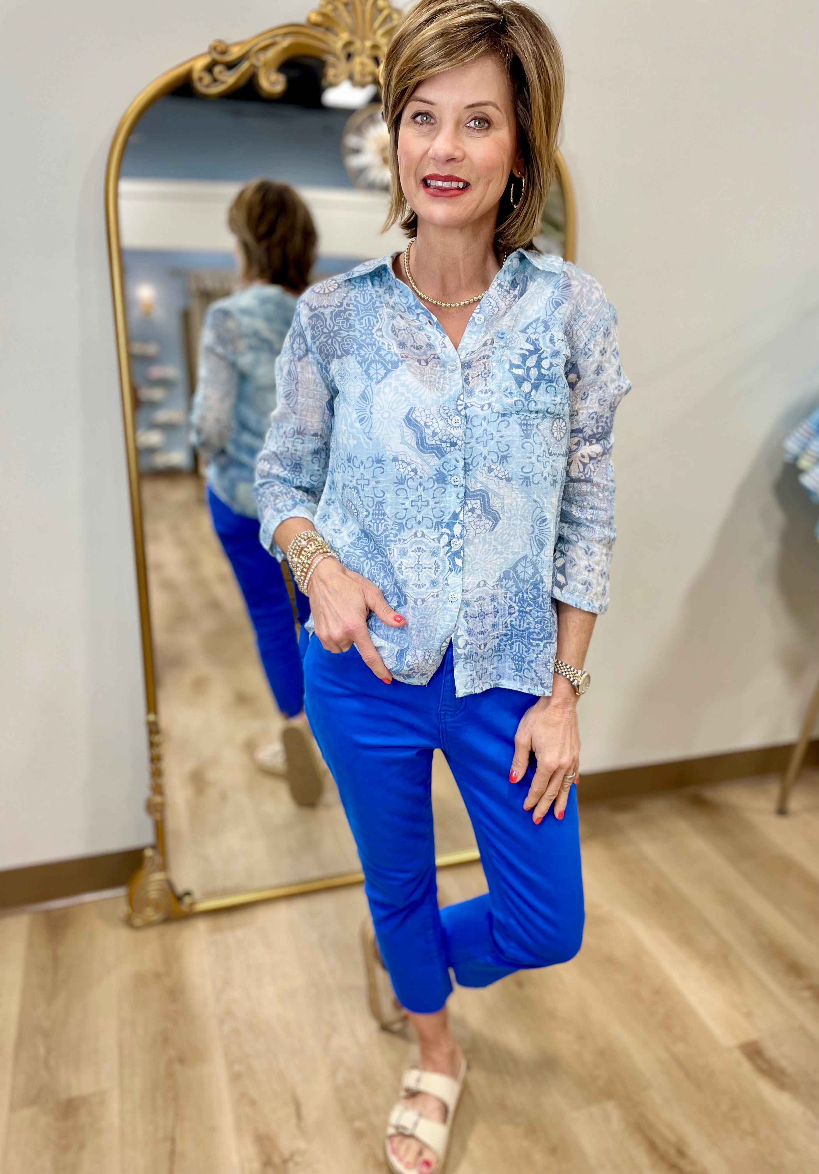 Charlie B Print Roll Up  Sleeve Top Celestial