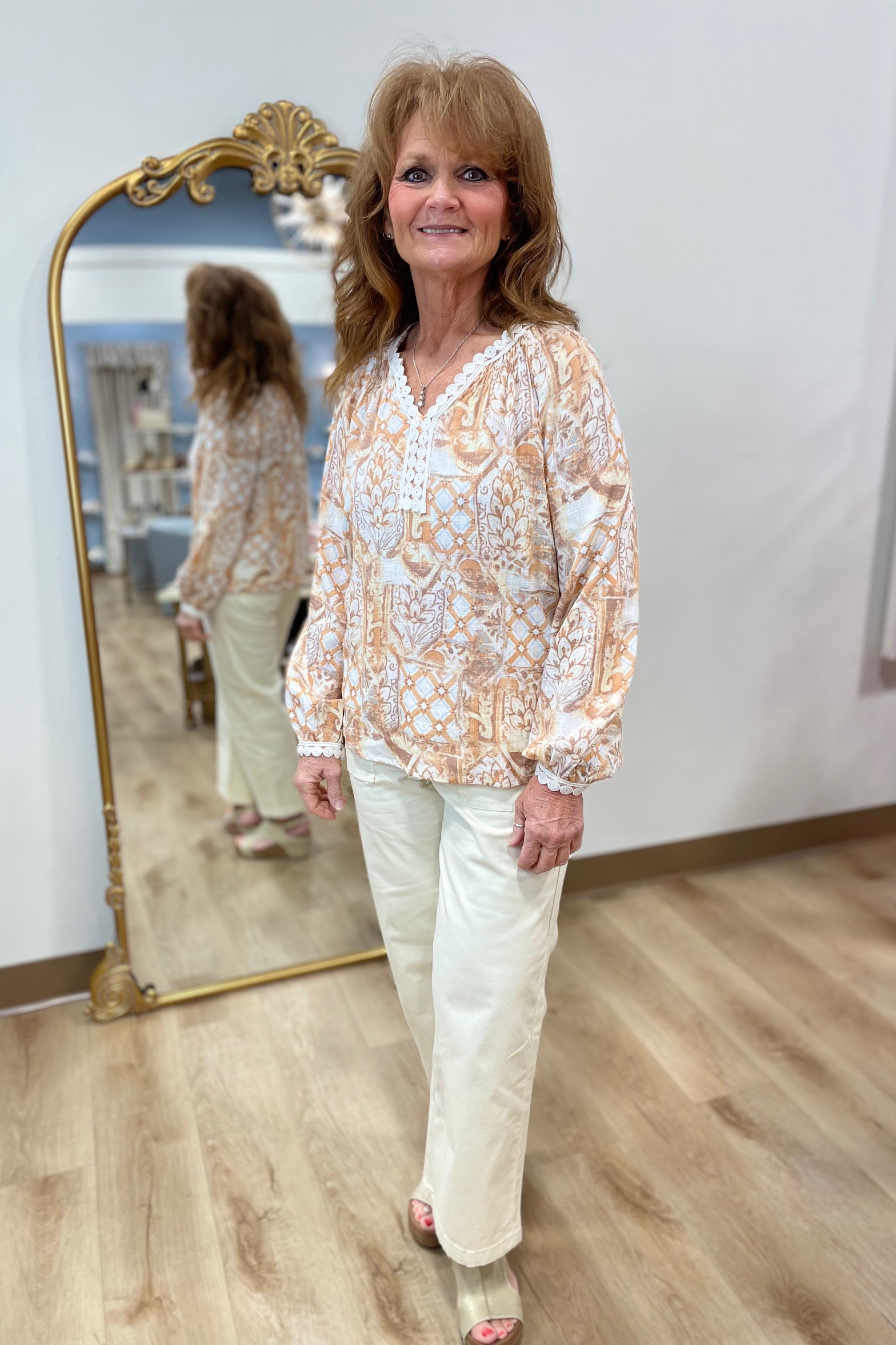 Charlie B Blouse Notch Neckline Top Papaya