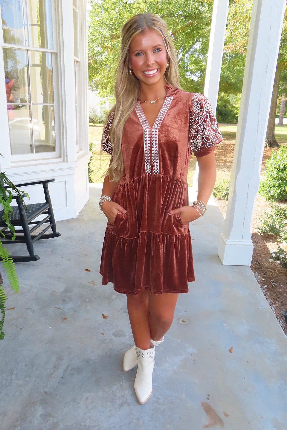 Cinnamon Toast Embroidered Sleeve Dress
