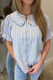 Umgee Striped Ruffle Collar Blouse Blue