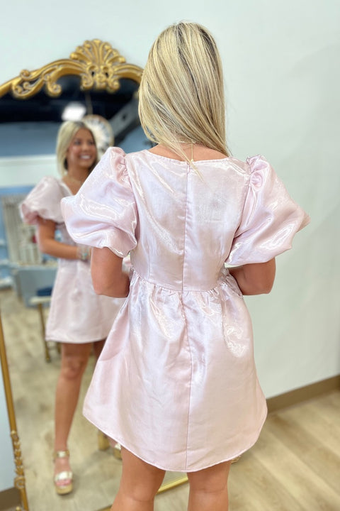 SweetHeart Satin Puff Sleeve Dress Pink