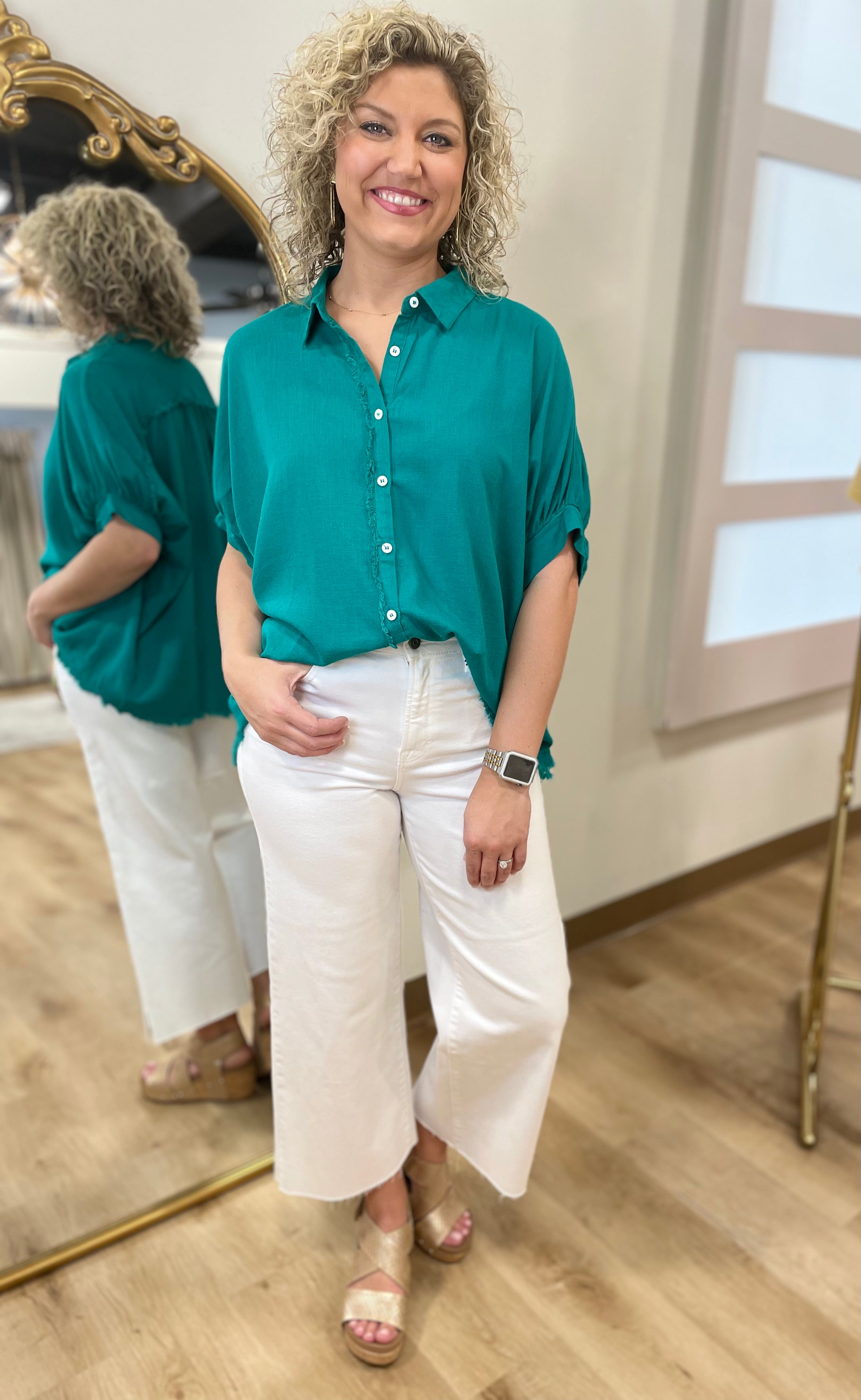 Umgee Button Front Collared Shirt Jade