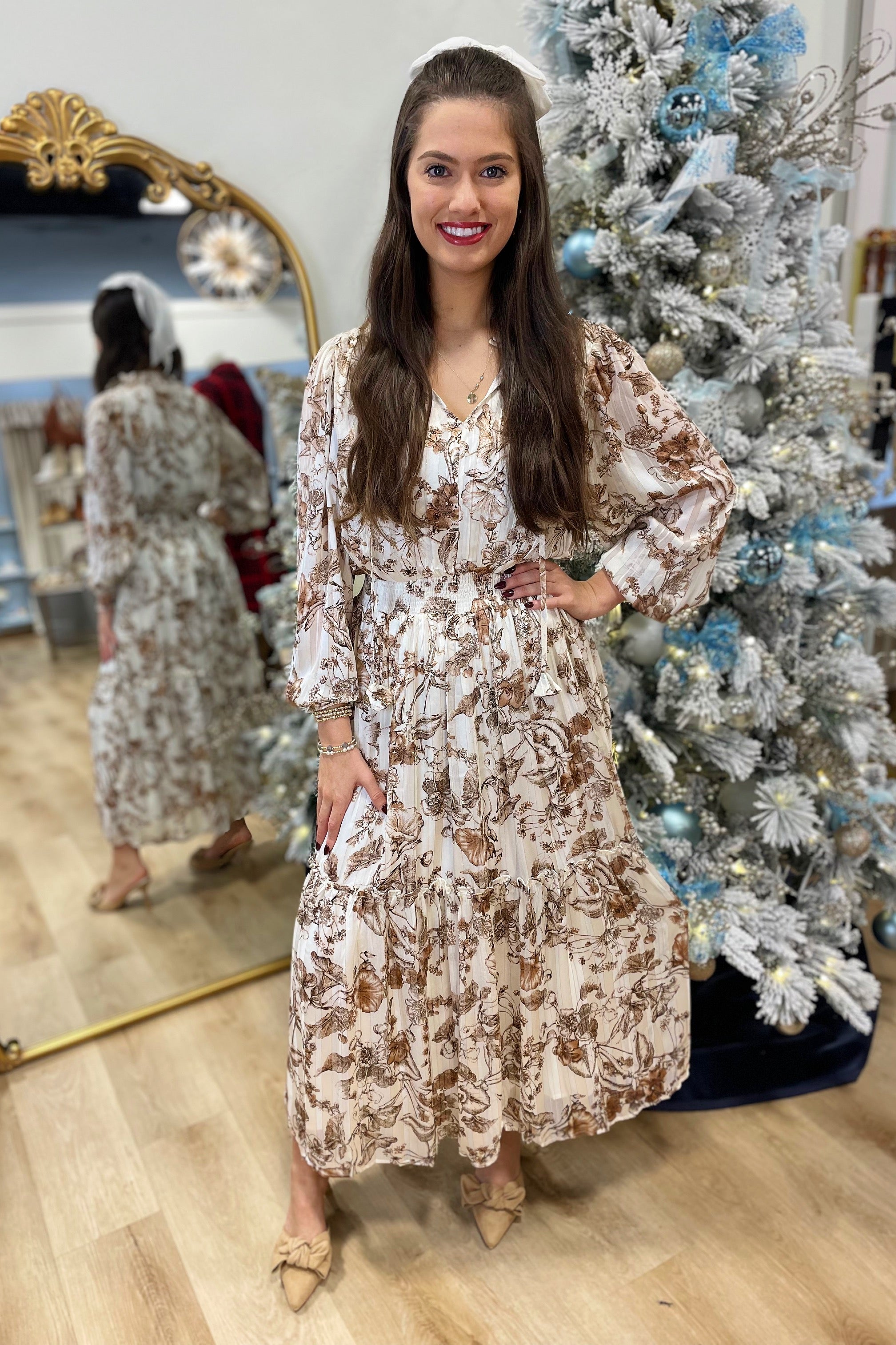 Umgee Elastic Waist Floral Dress Ivory