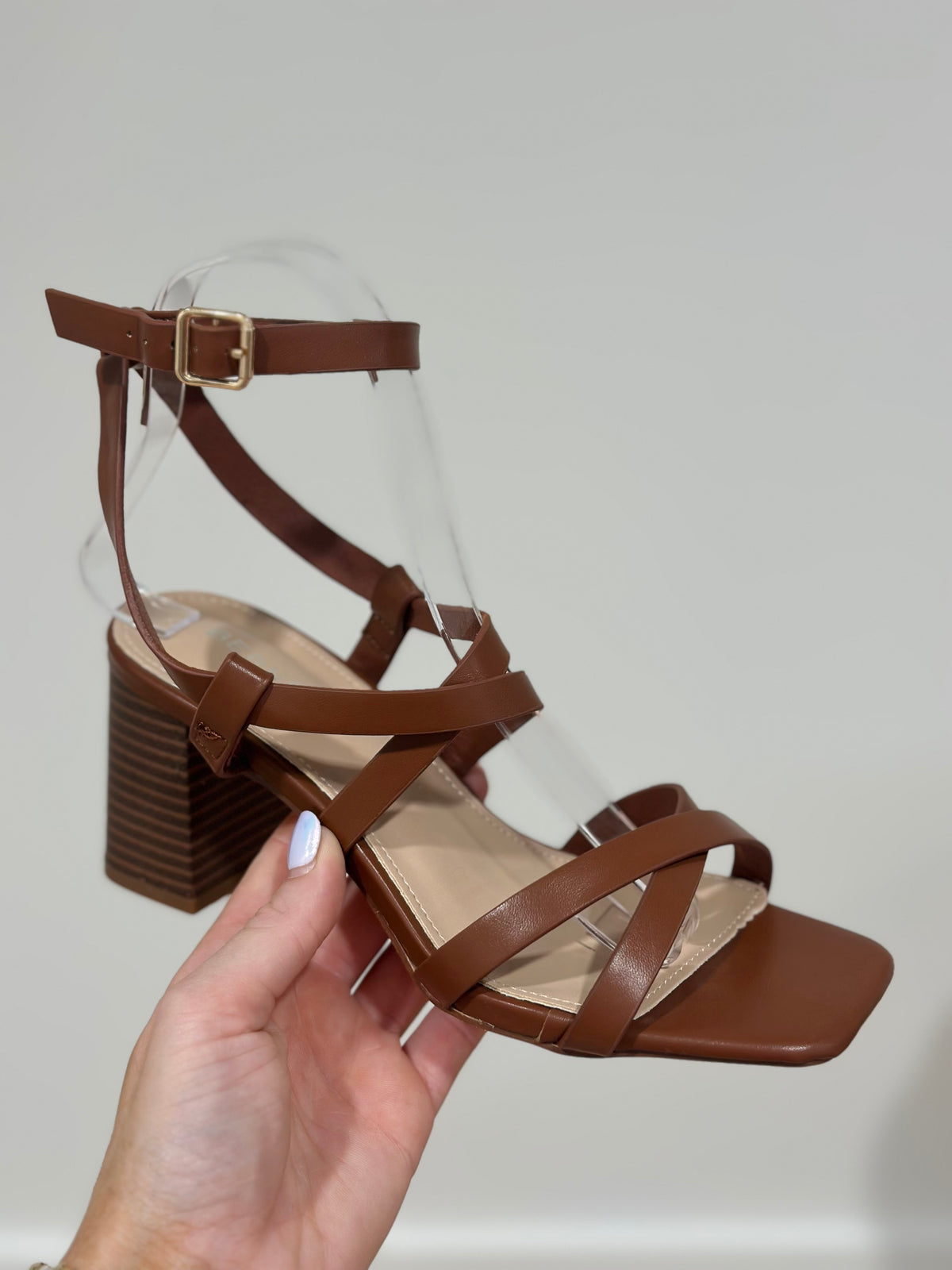 Roberta Ankle Strap Block Heel Shoe Camel