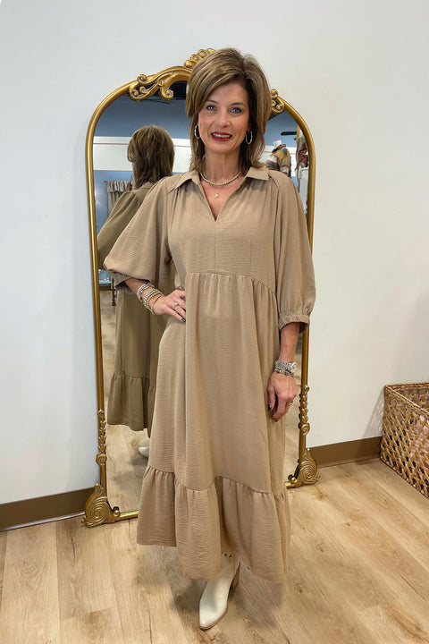 Umgee Solid Collared V-Neck Midi Dress Taupe