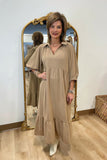 Umgee Solid Collared V-Neck Midi Dress Taupe