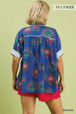 Umgee Ric Rac Trimmed Printed Blouse Blue