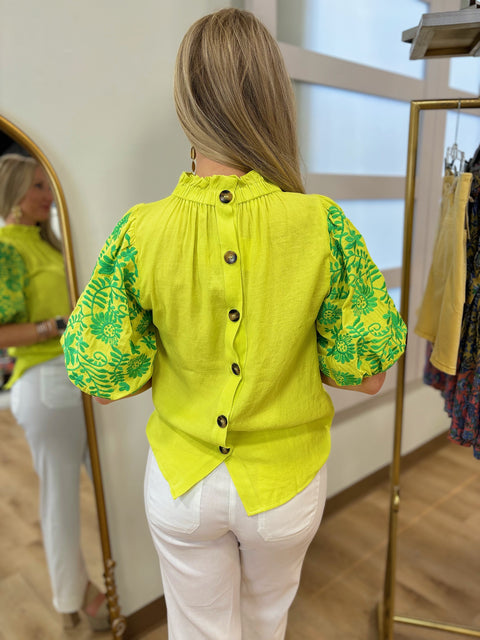Cate Embroidered Balloon Sleeve Top Yellow
