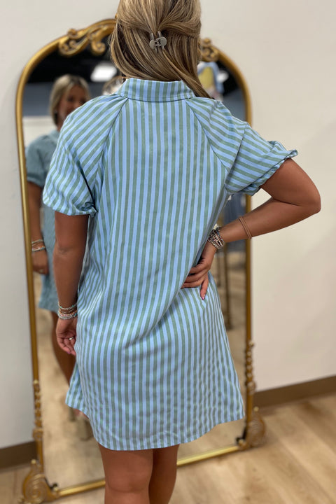 Sassy Stripes Button Down Dress Blue
