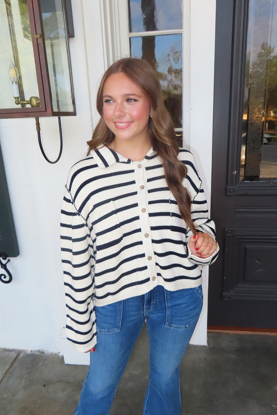 Stripe A Pose Button Front Knit Cardigan Navy