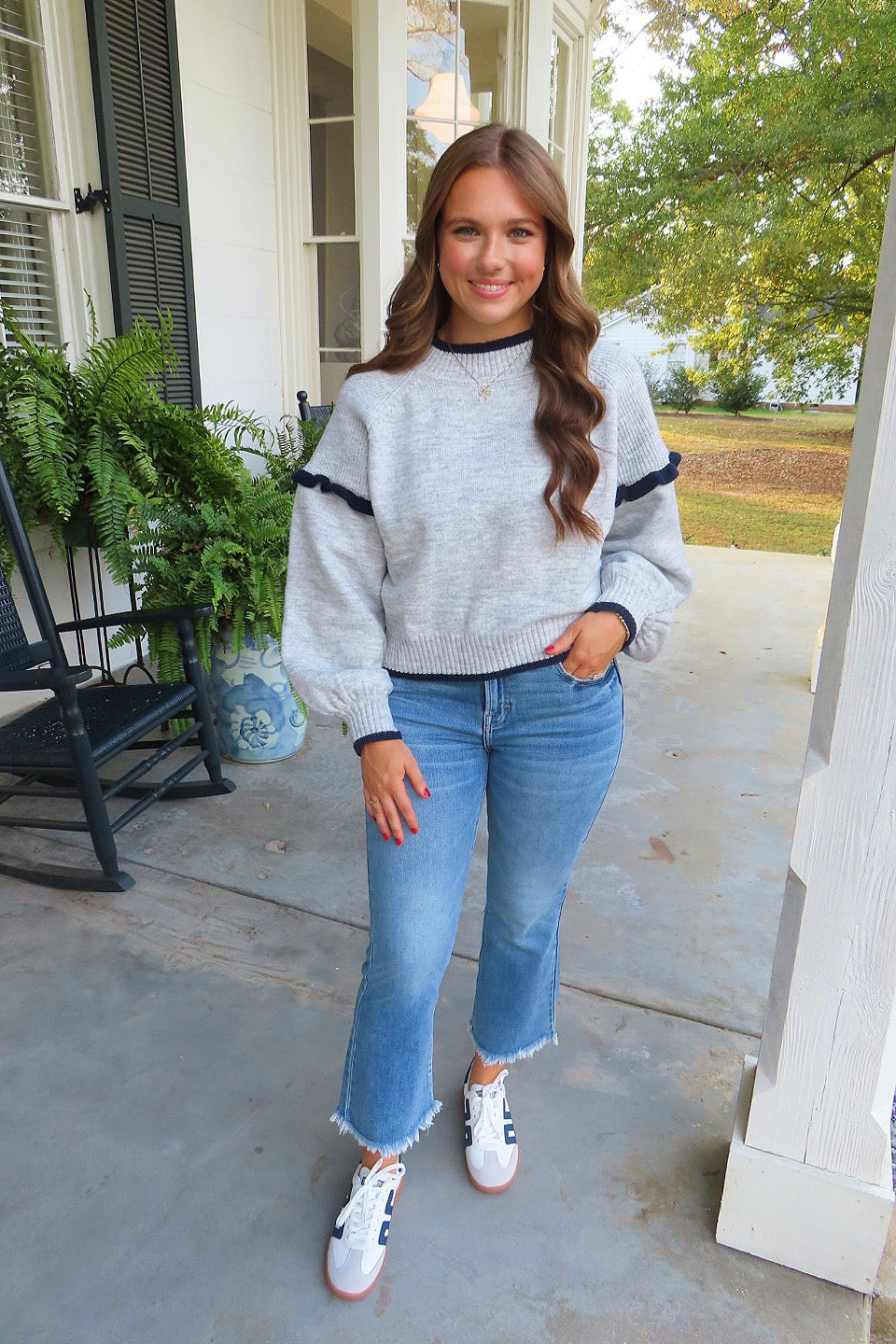 Northern Chill Contrasting Drop Shoulder Ruffle Sweater Grey