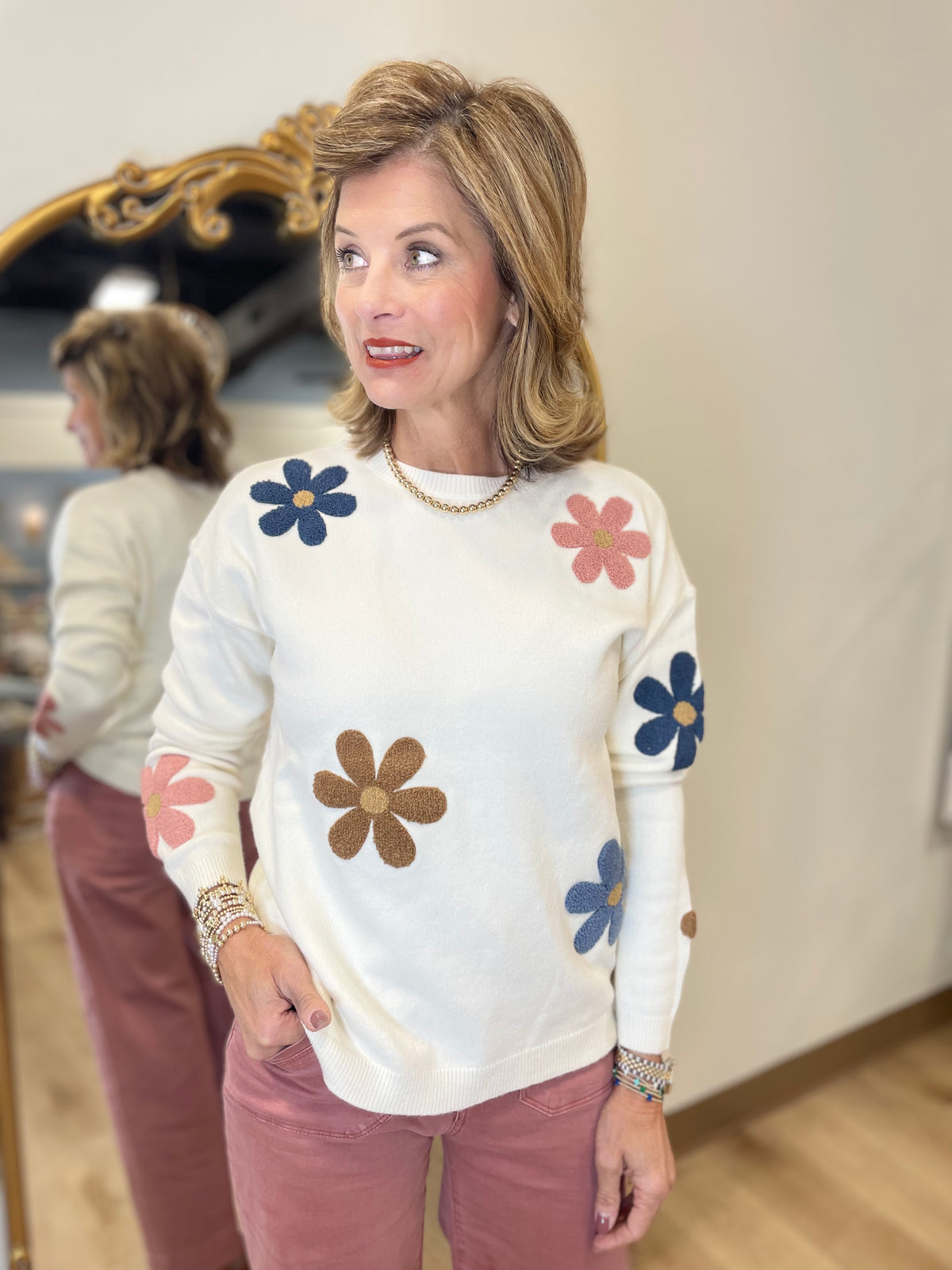 Charlie B Boucle Flowers Sweater Ecru
