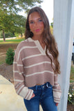 Cold Brew Two Toned Striped Notched Collar Sweater Mocha