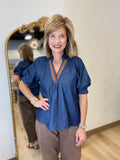 THML Suede Trim Denim Blouse