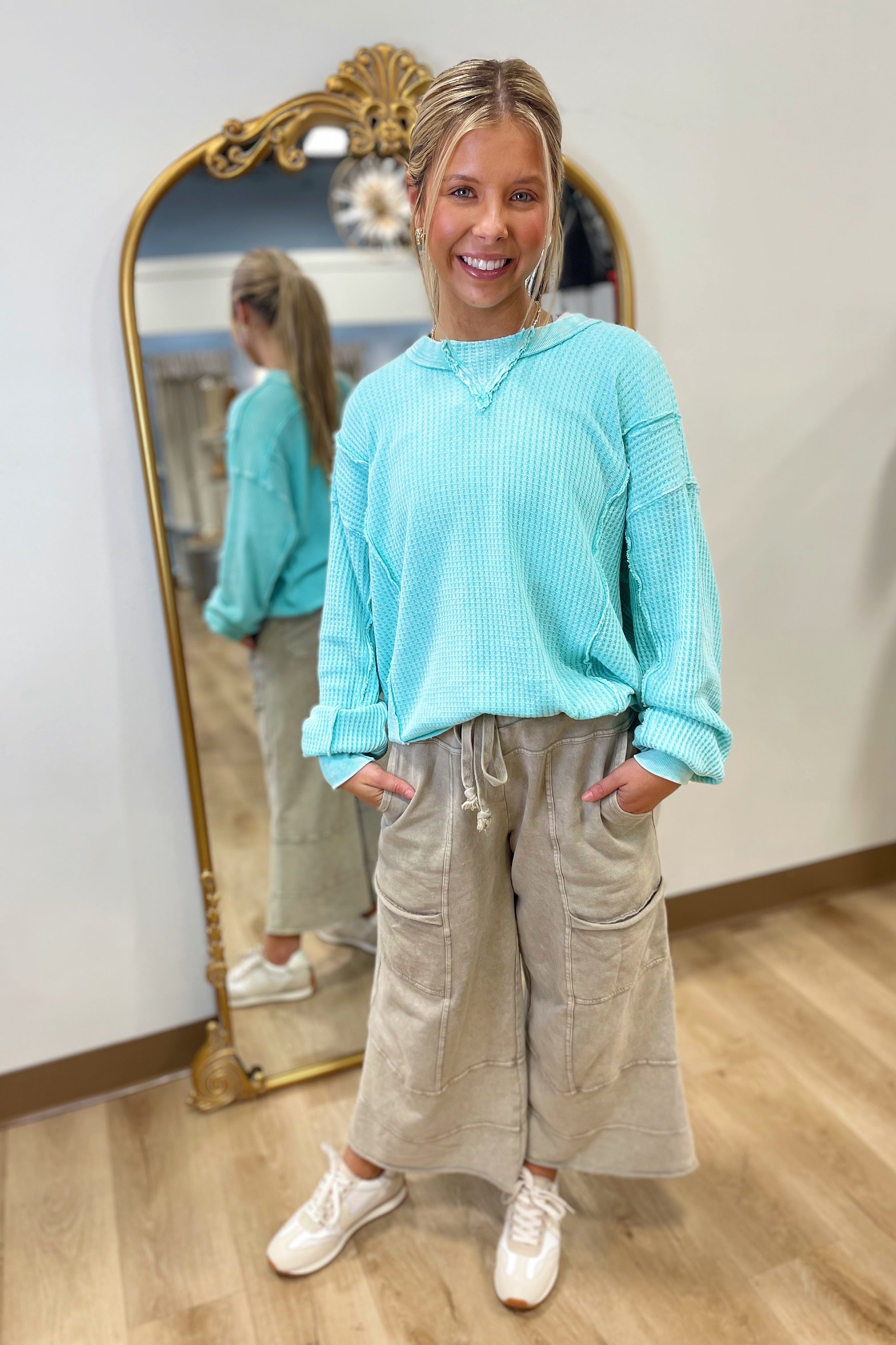 Spring Fever Thermal Knit Top Aqua