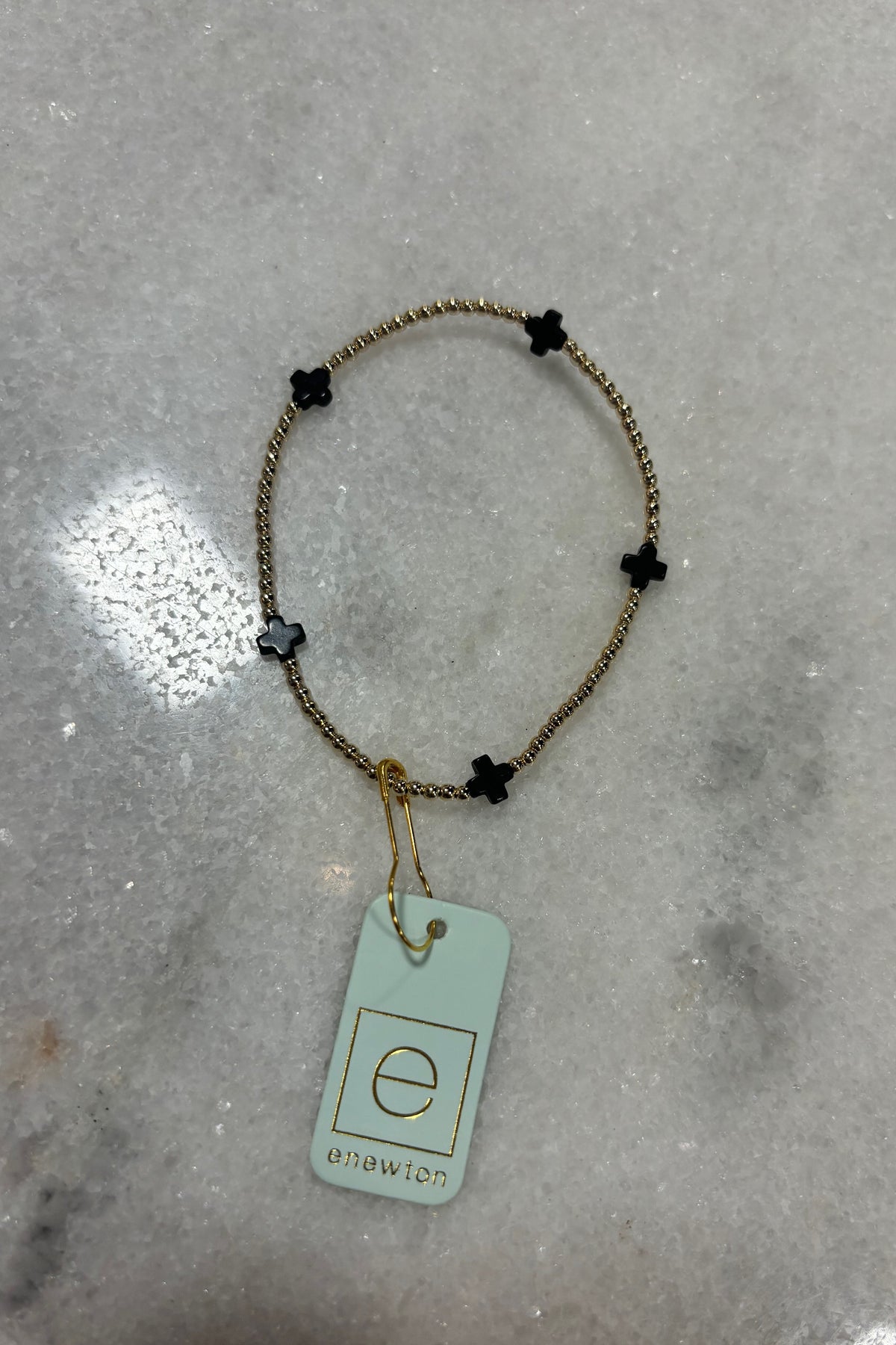 E Newton Signature Cross Small Gold Pattern 2mm Bead Bracelet Navy