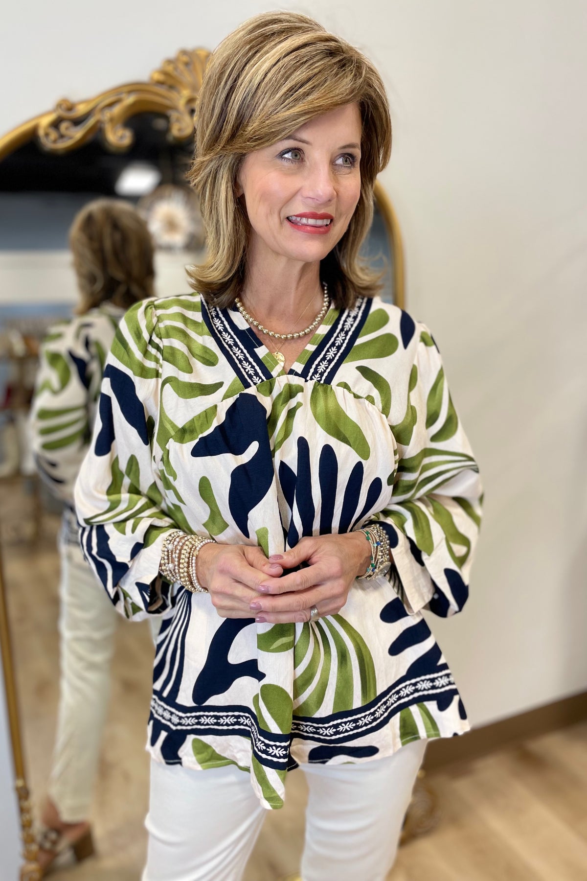 Umgee Boho Swirl Blouse Green