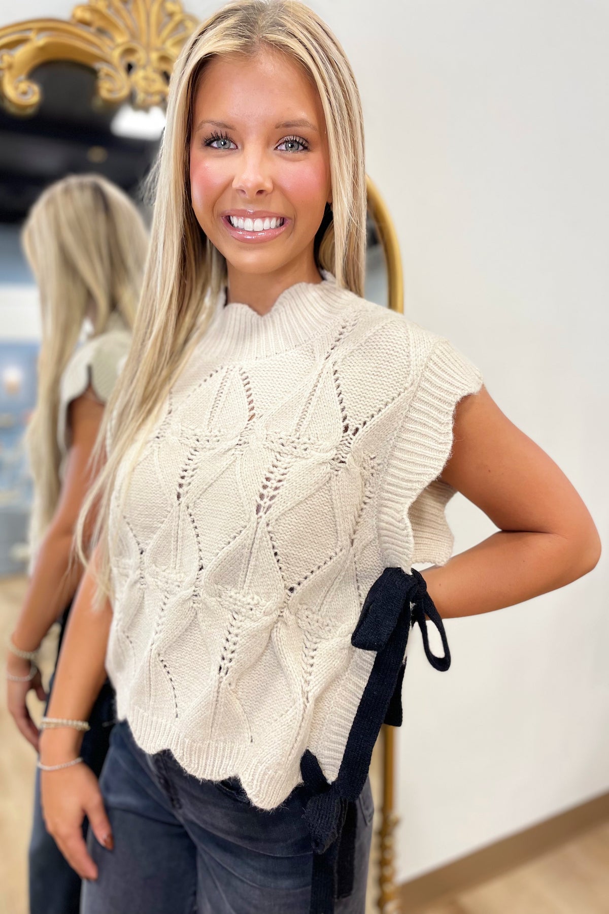 Kathy Scalloped Knit Vest w Side Bow Taupe