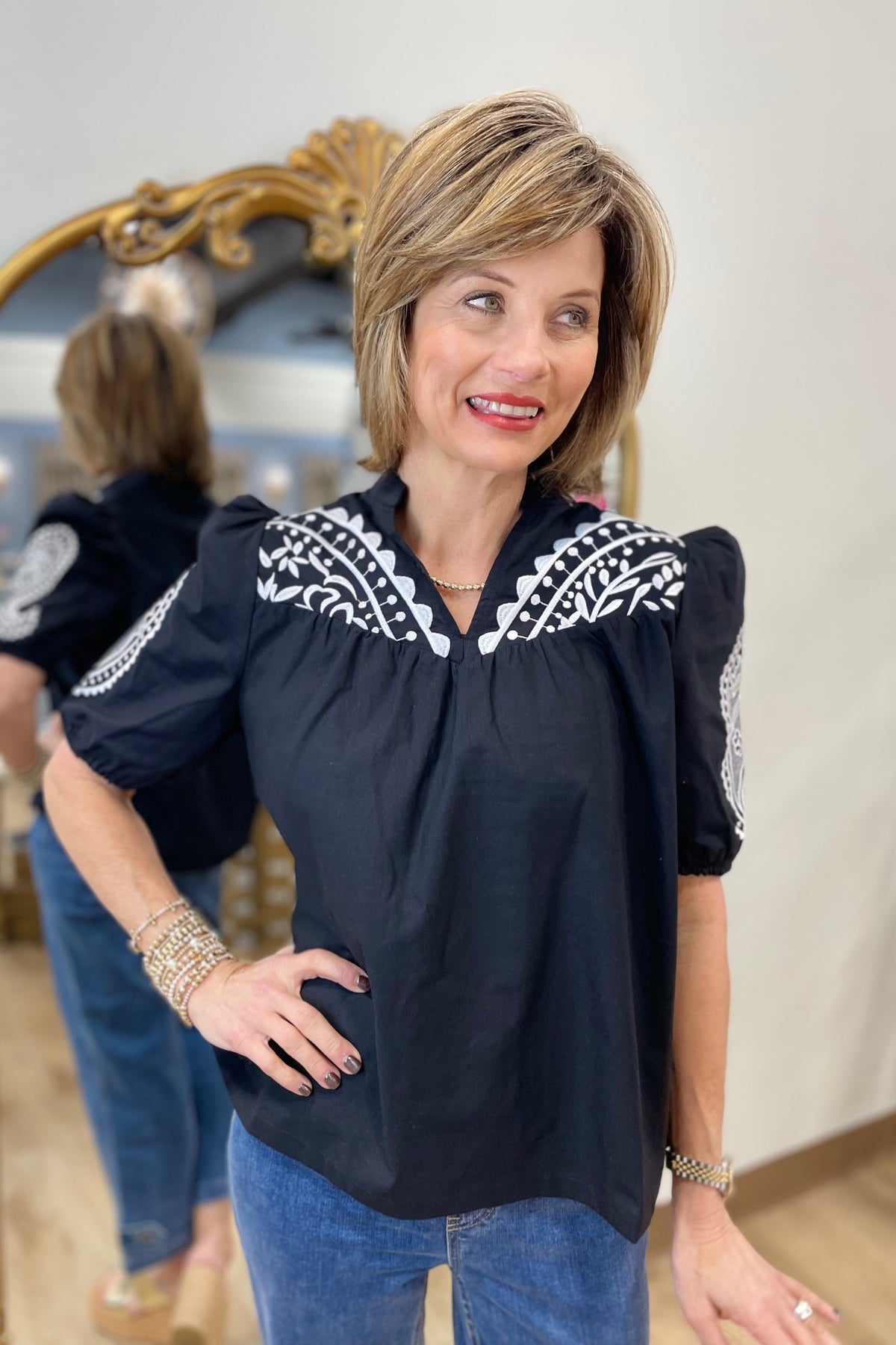 Mud Pie Humphrey Embroidered Top Black