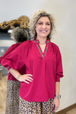 Umgee Leopard Trim Blouse Crimson