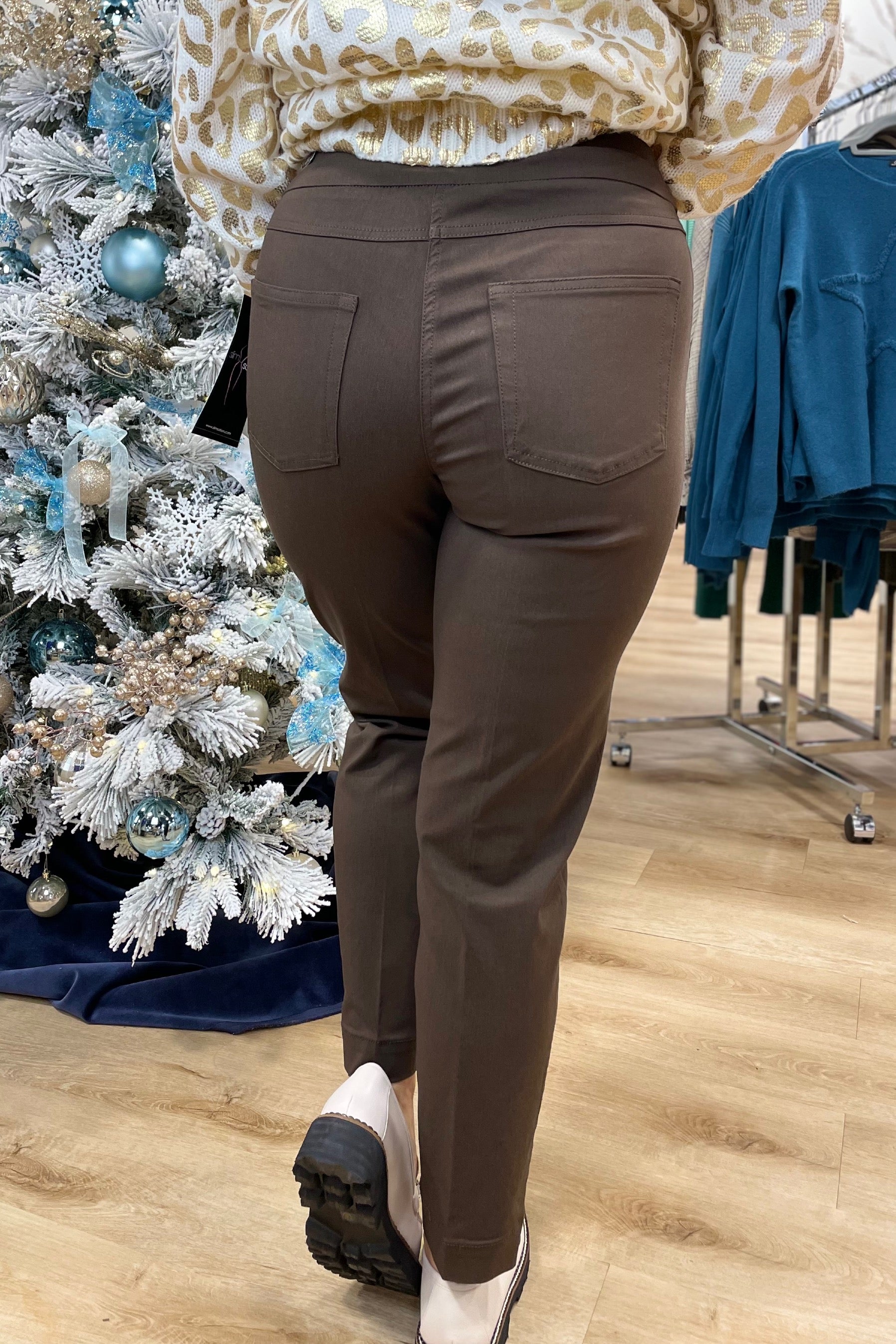 Multiples Textured Pull On Ankle Pant Chocolate