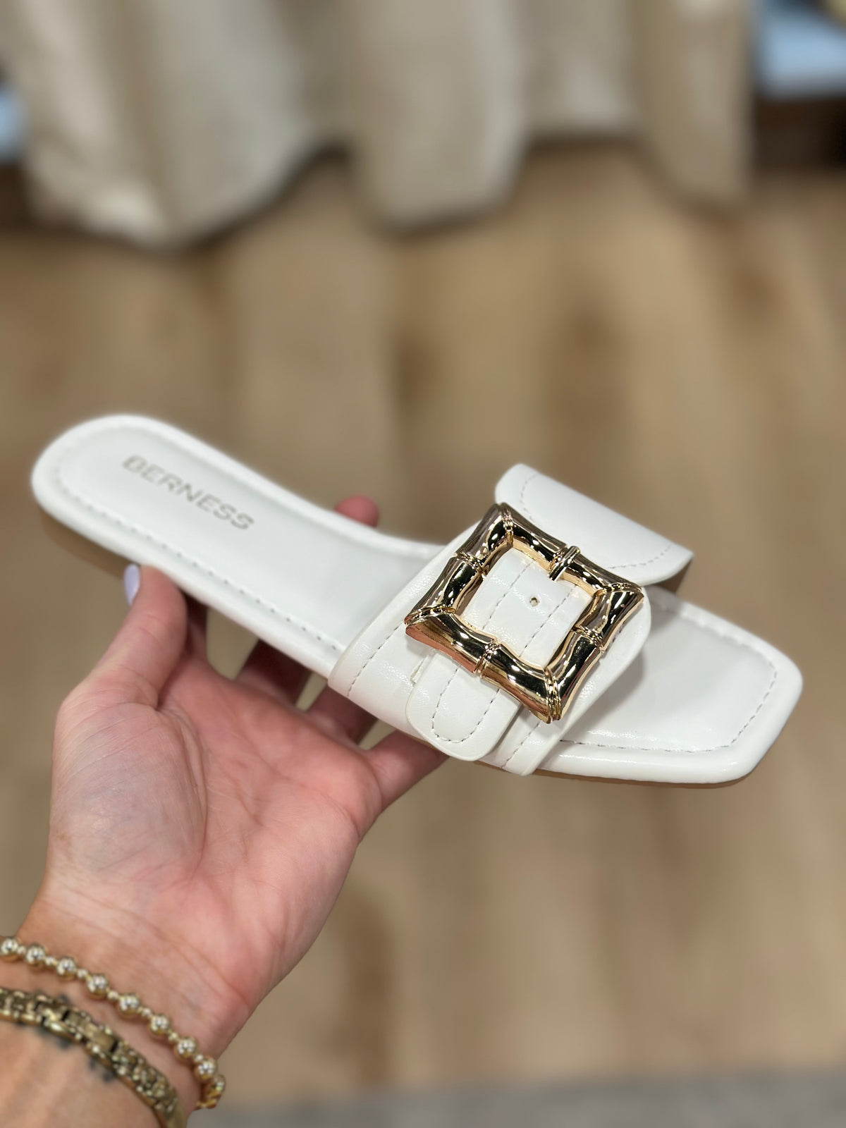 Kimberly Buckle Slide Flat Sandals White