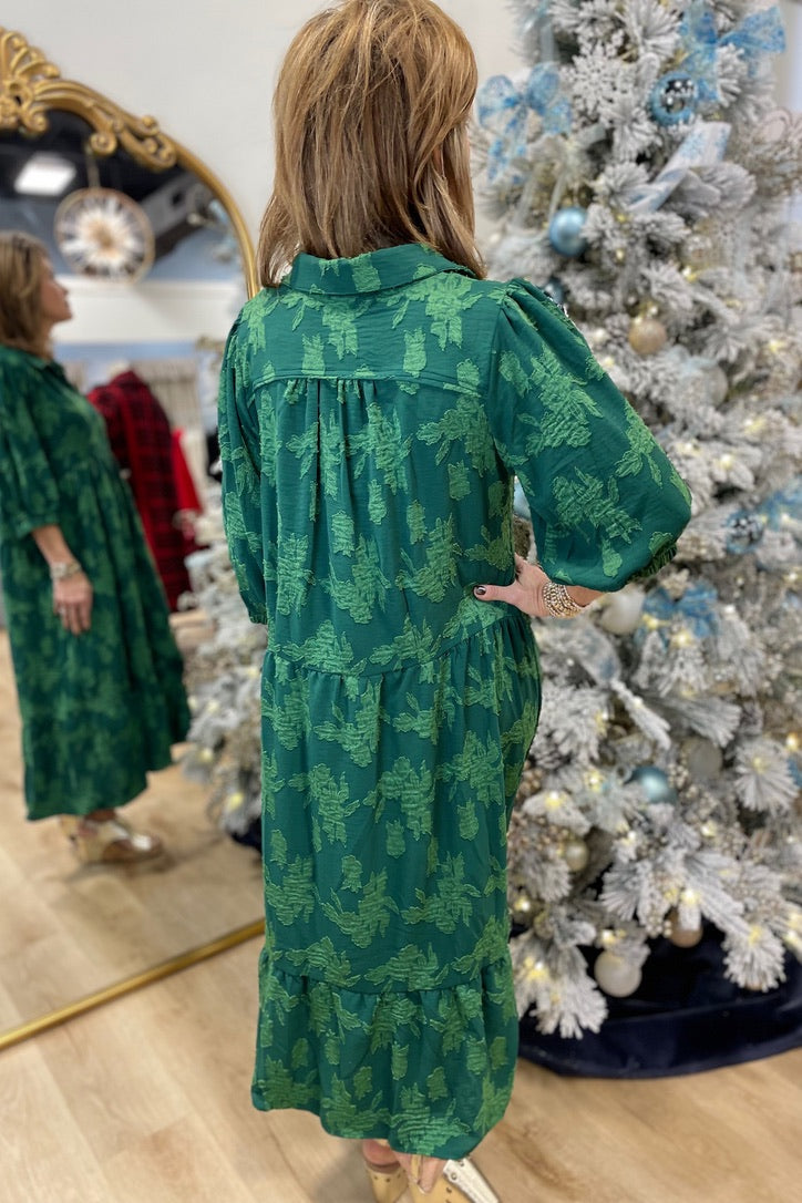 Umgee Floral Burnout Midi Dress Green