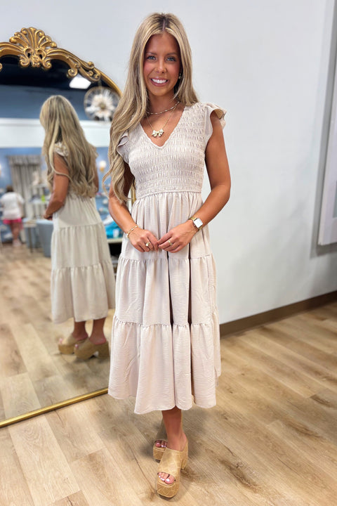 So Sweet Smocked Flutter Sleeve Dress Khaki