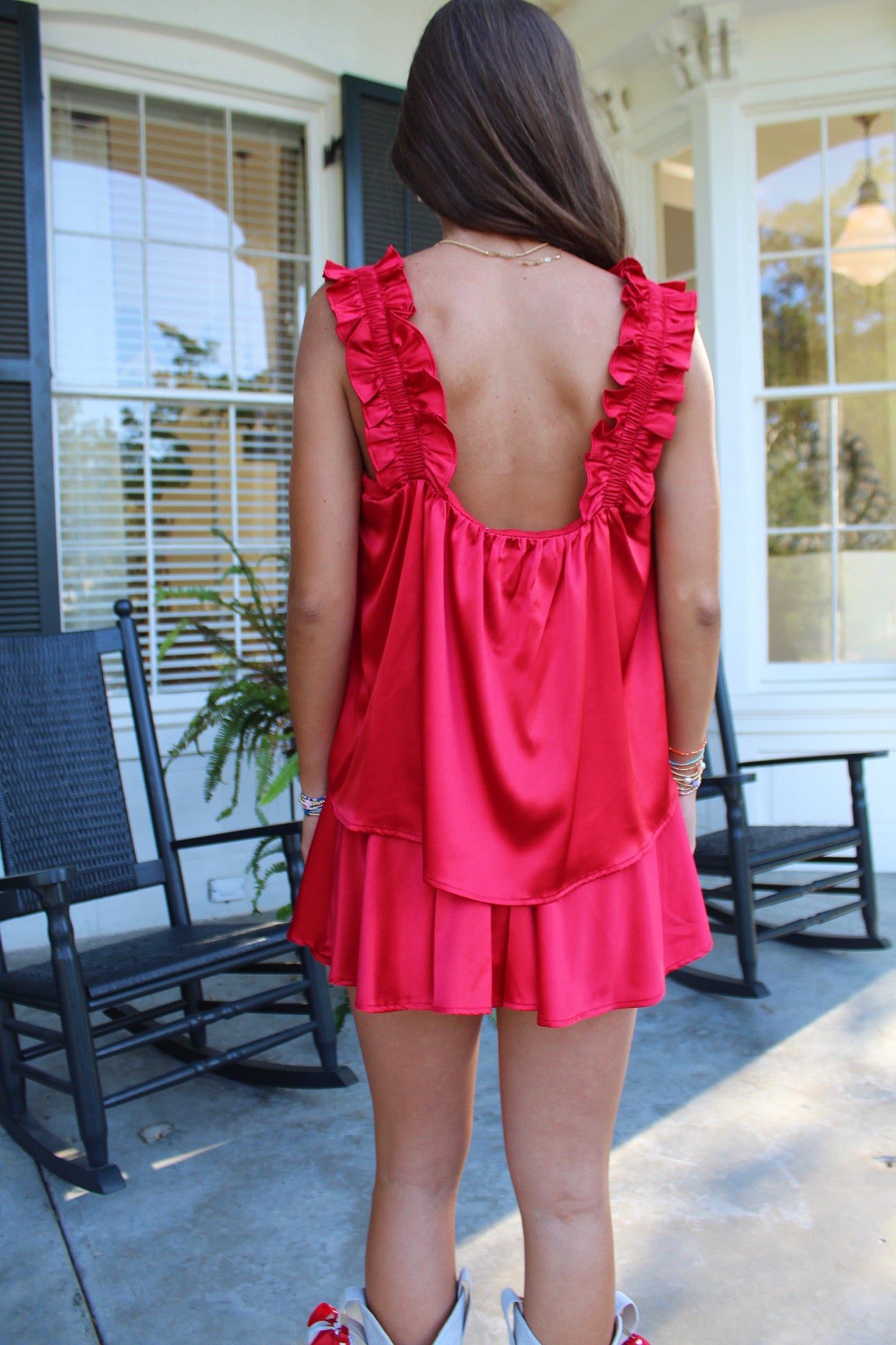 Zoey Ruffle Shirred Elastic Strap Swing Tank Red