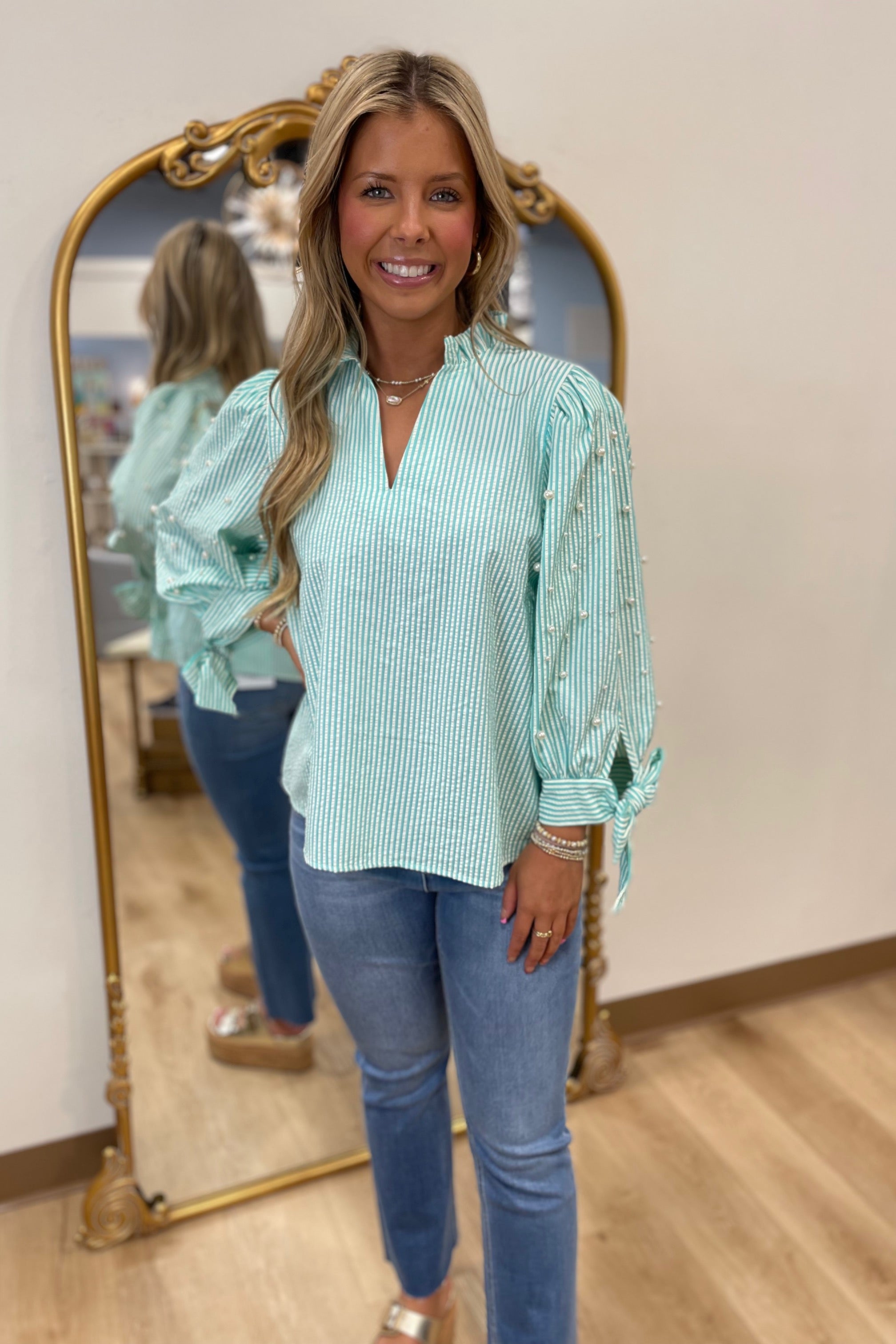 Pearl Bling Seersucker Top Mint
