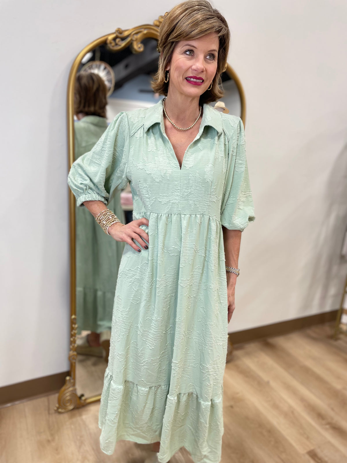 Umgee Floral Burnout Midi Dress Sage