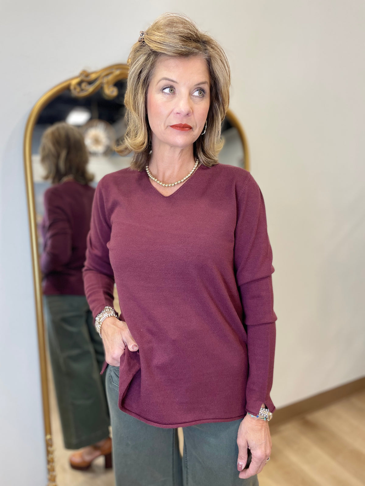 Charlie B V Neck Sweater Cabernet