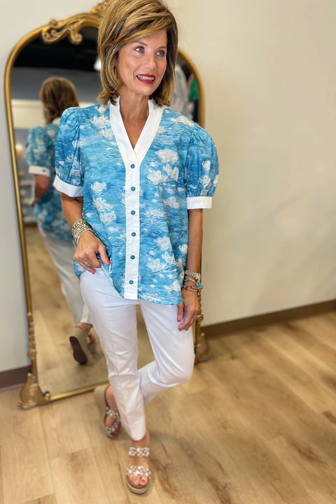 Floating Flowers Top Blue