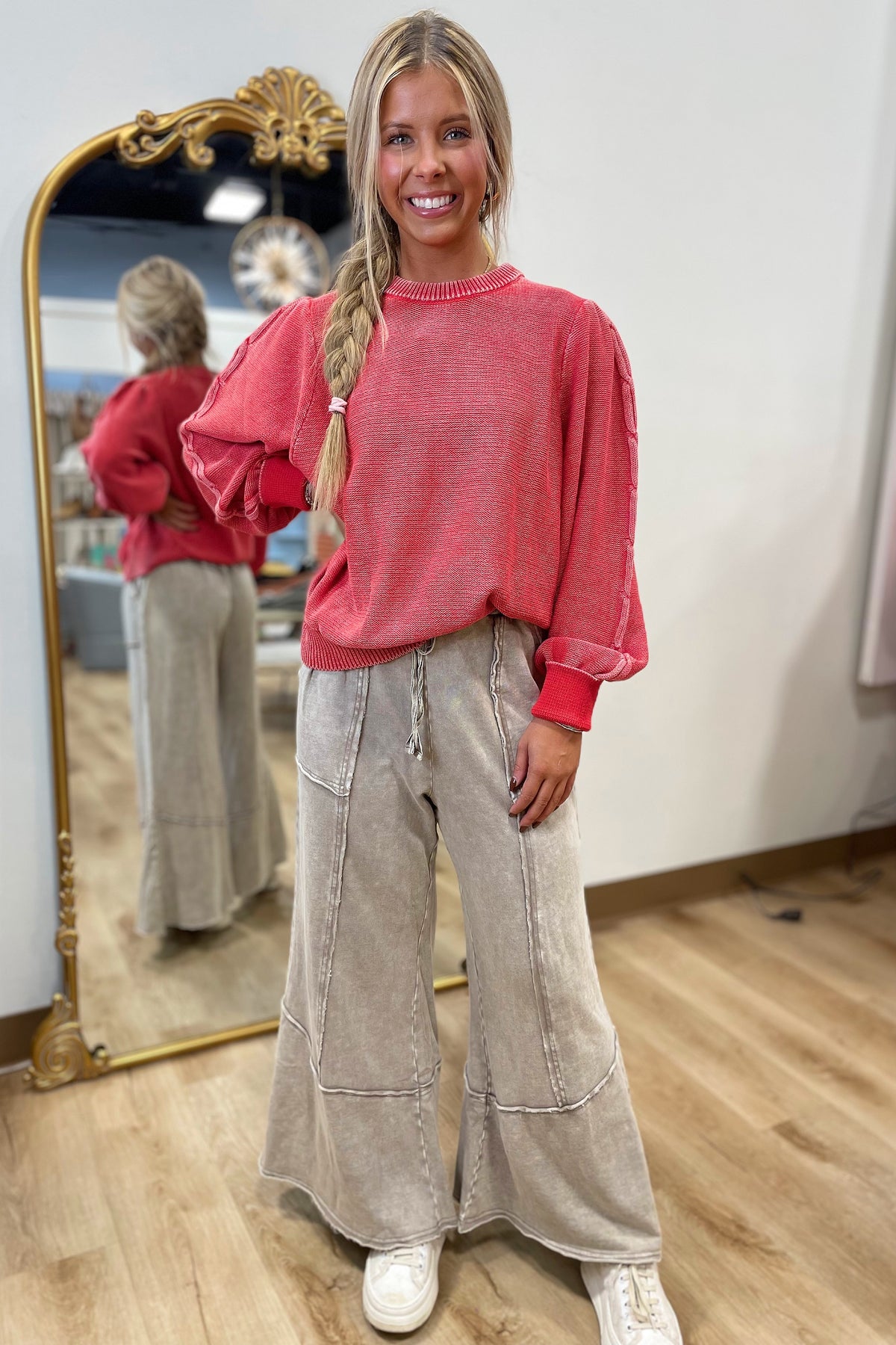 Fall Familiar Bubble Sleeve Sweater Boho Red