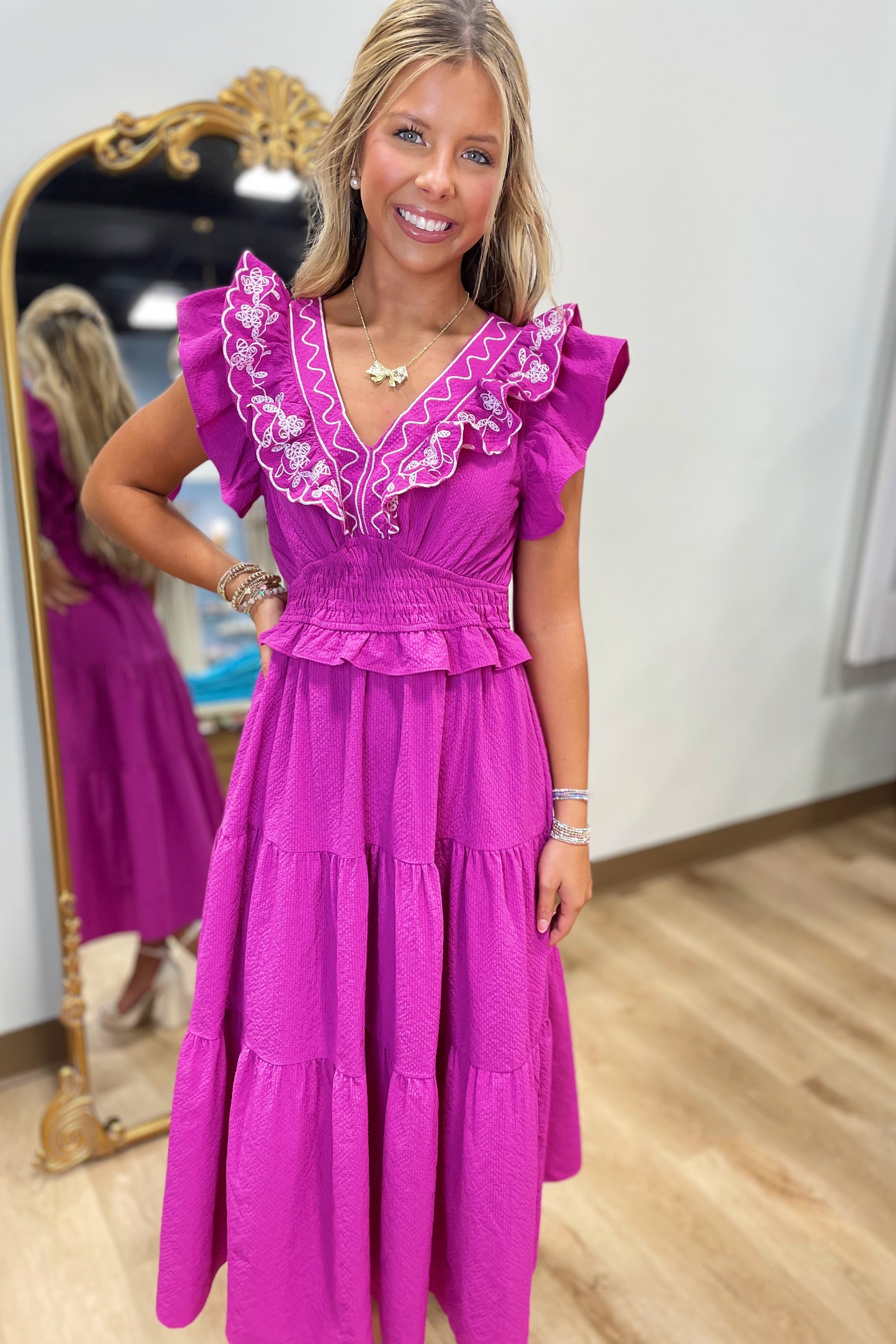 Umgee Stitch Detail Midi Dress Magenta