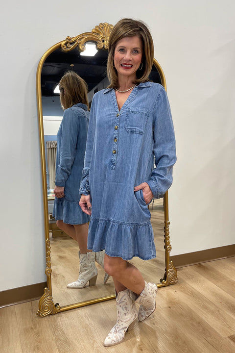 Brandy Long Sleeve Tencel Dress Blue