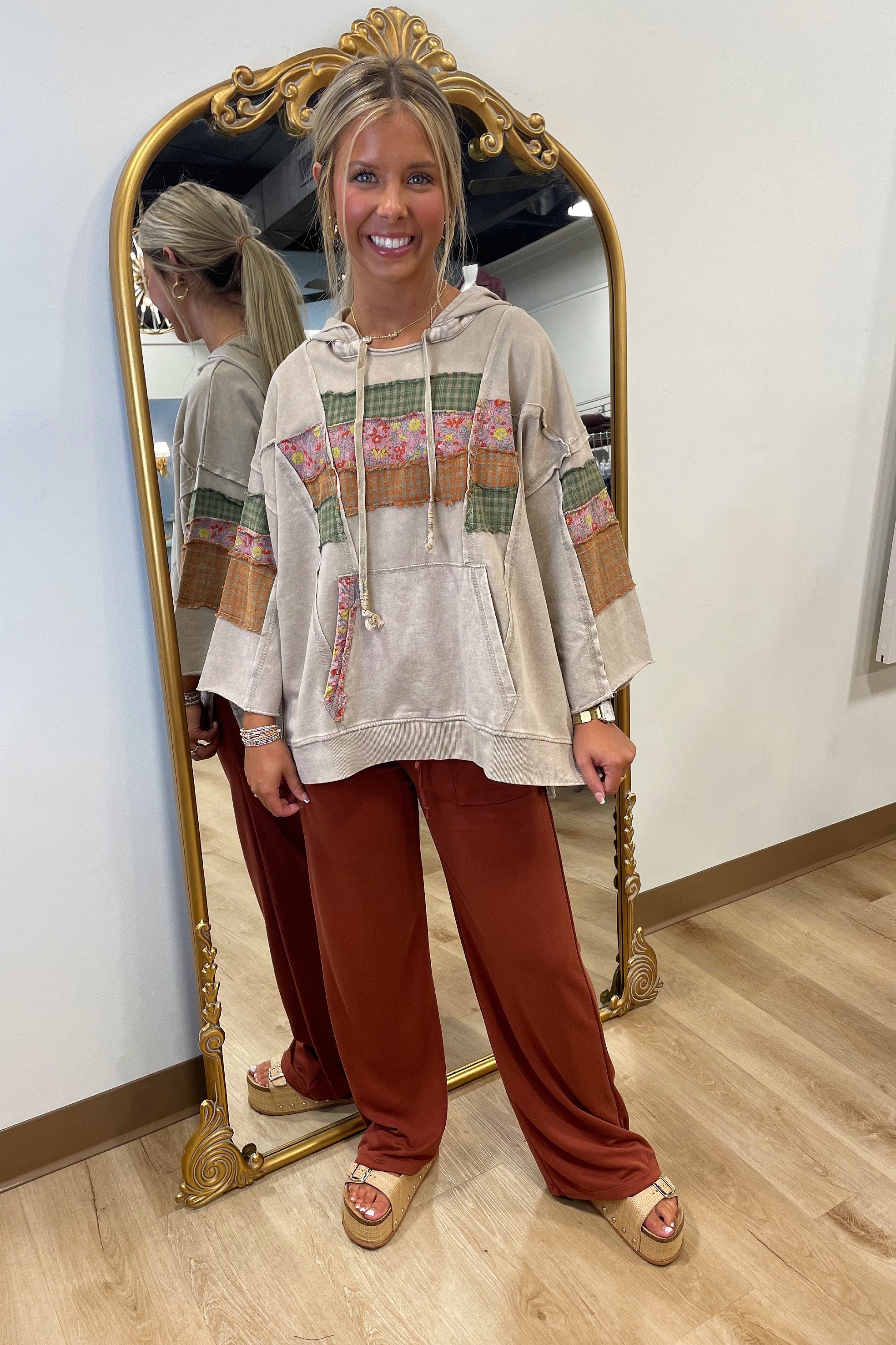 Plaza Taupe 3/4 Sleeve Print Mix Hoodie