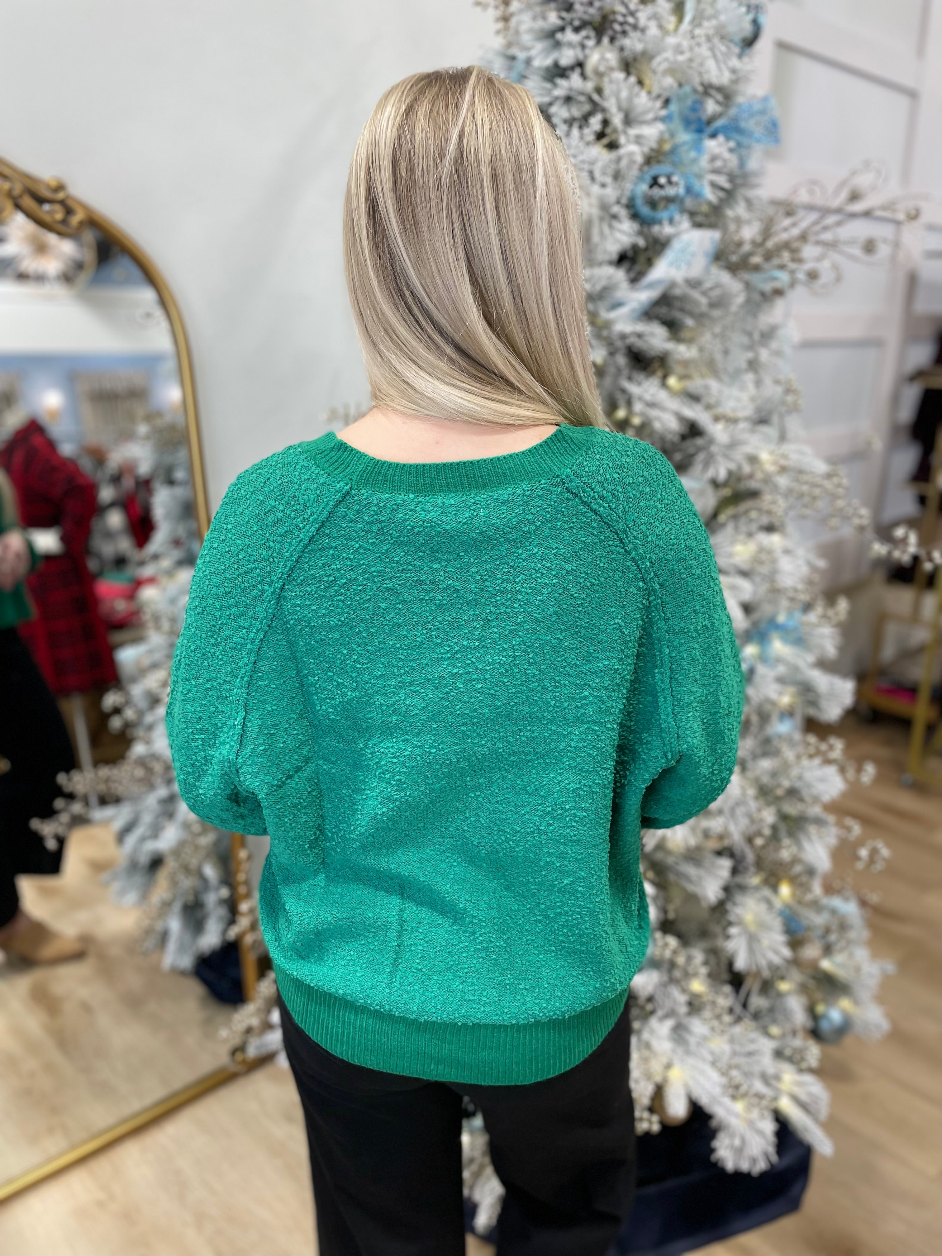 Popcorn Puff Sleeve Boat Neck Sweater - green