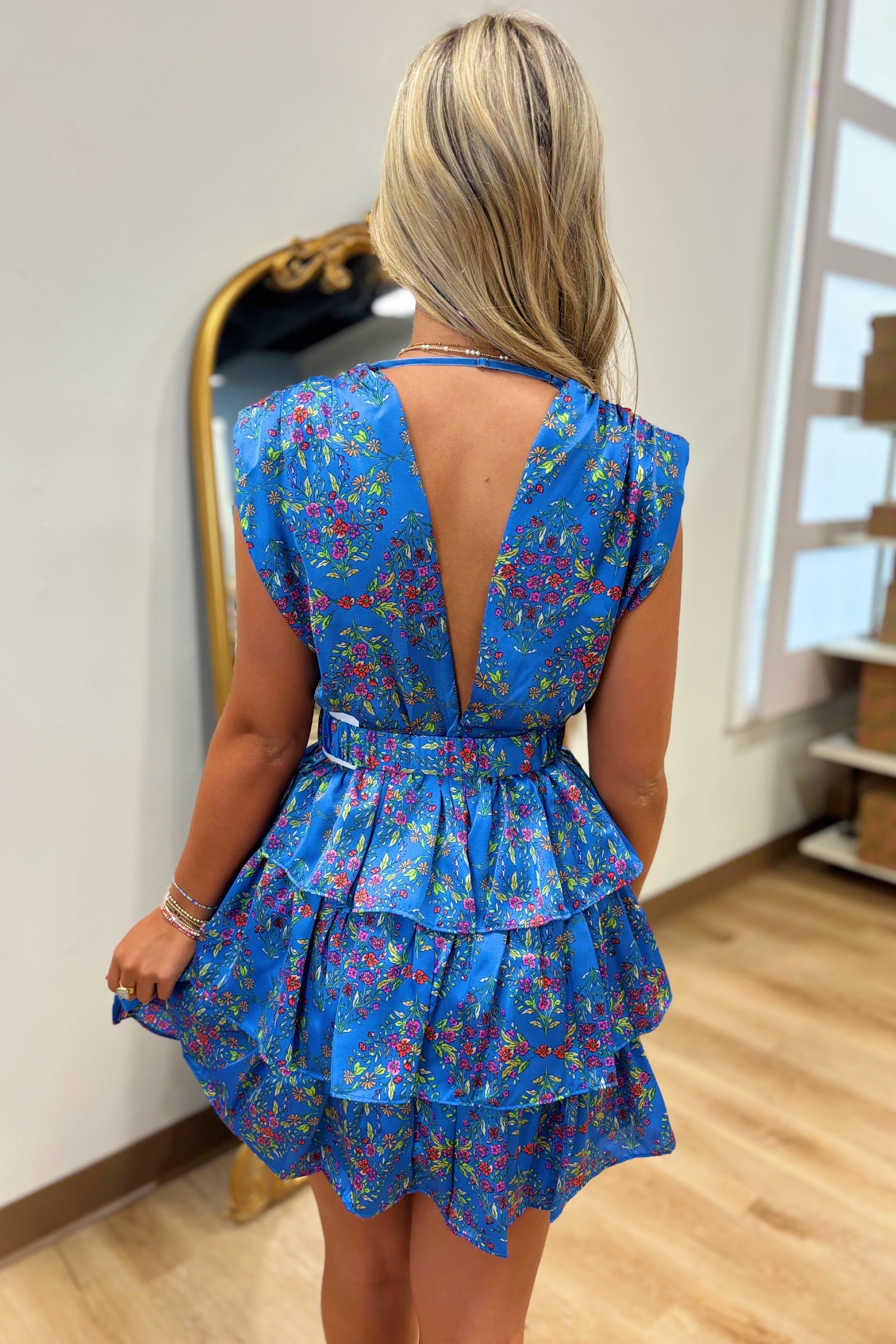 Karlie  Floral V Neck Tier Dress Royal Blue
