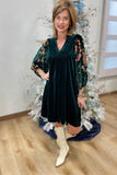 Umgee Velvet Dress w Tapestry Sleeve Green