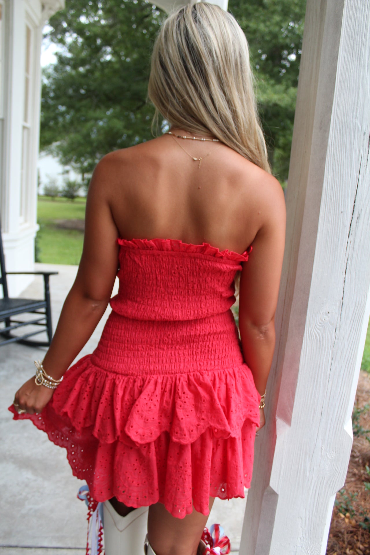 Blitz Eyelet Ruffle Hem Strapless Dress Red