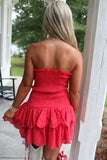 Blitz Eyelet Ruffle Hem Strapless Dress Red
