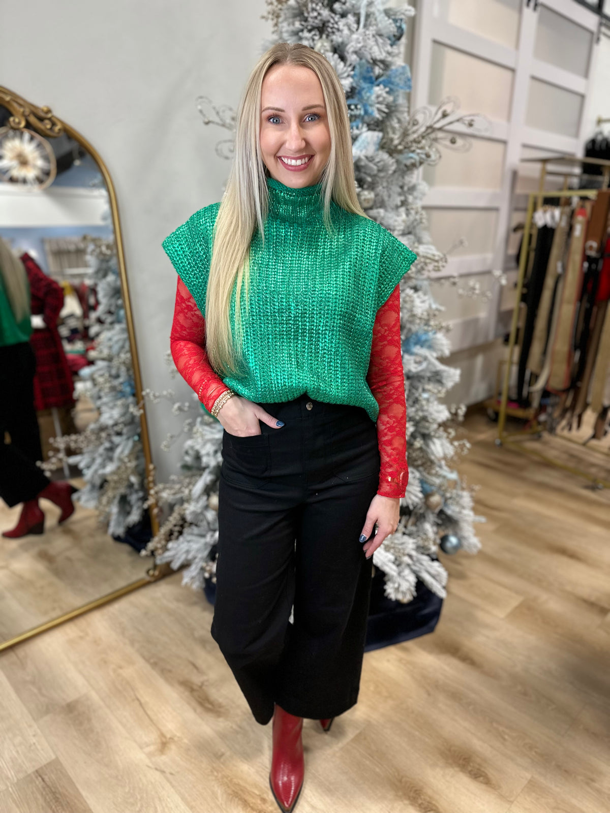 Sparkle Season Mock Neck Sweater Vest Top Metallic Green