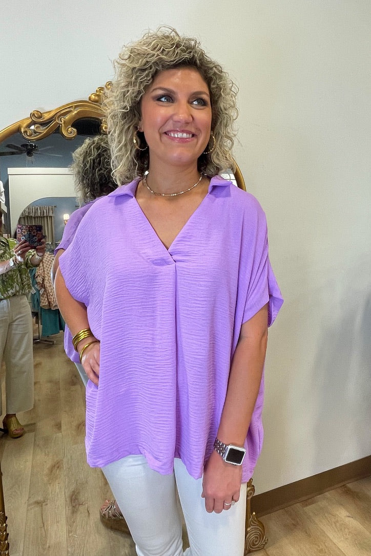 Airflow Woven V Neck Top Lavender